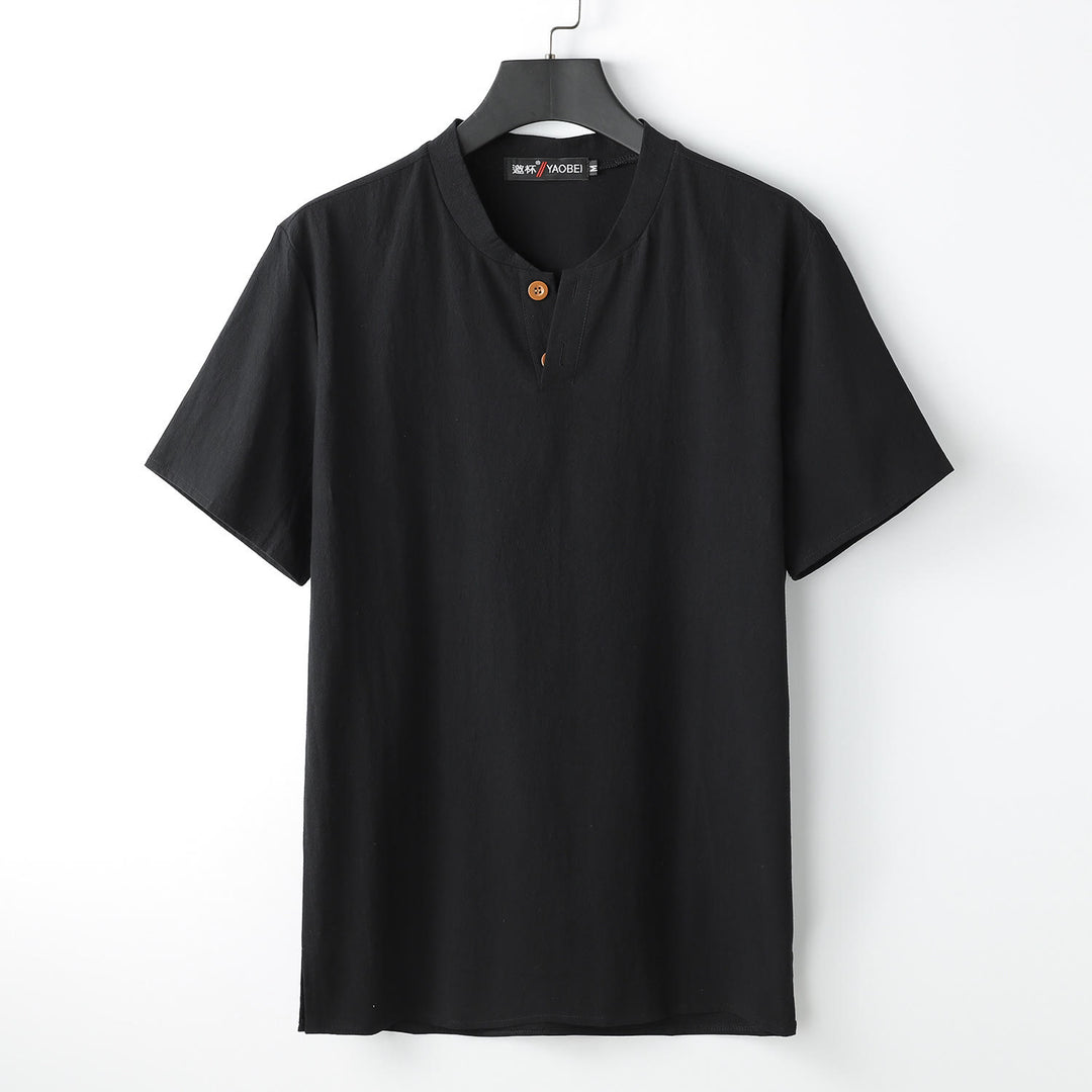 T-shirt ample pour homme Buddha Stones, couleur unie, manches courtes, col cranté, chemise en coton et lin doux - Noir - US/UK/AU54，EU64 (9XL) - image 3