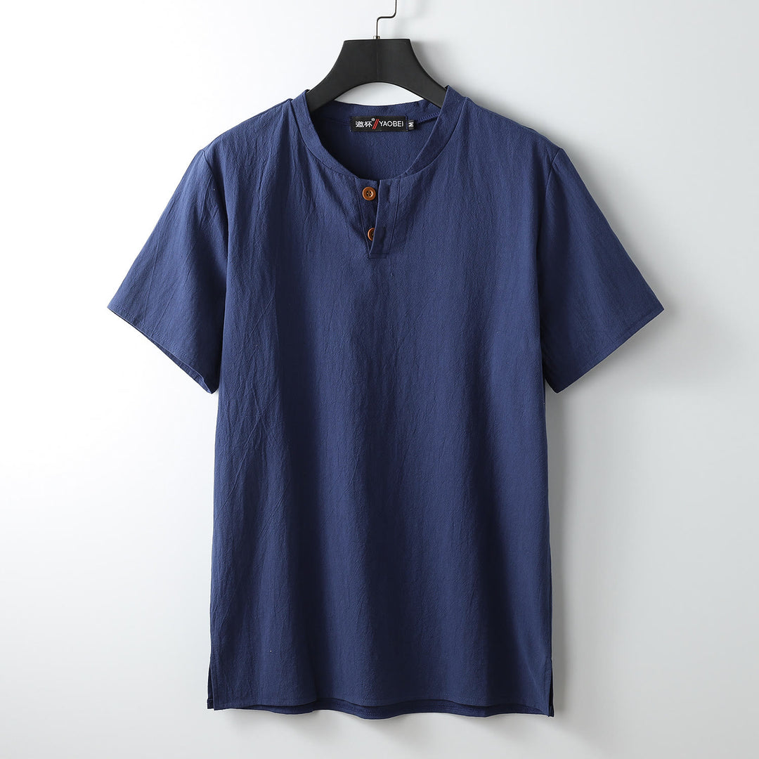 T-shirt ample pour homme Buddha Stones, couleur unie, manches courtes, col cranté, chemise en coton et lin doux - Bleu nuit - US/UK/AU54，EU64 (9XL) - image 4