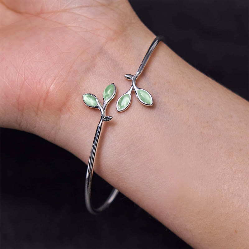 Bracelet manchette de soutien œil de chat à motif de feuilles et Buddha Stones