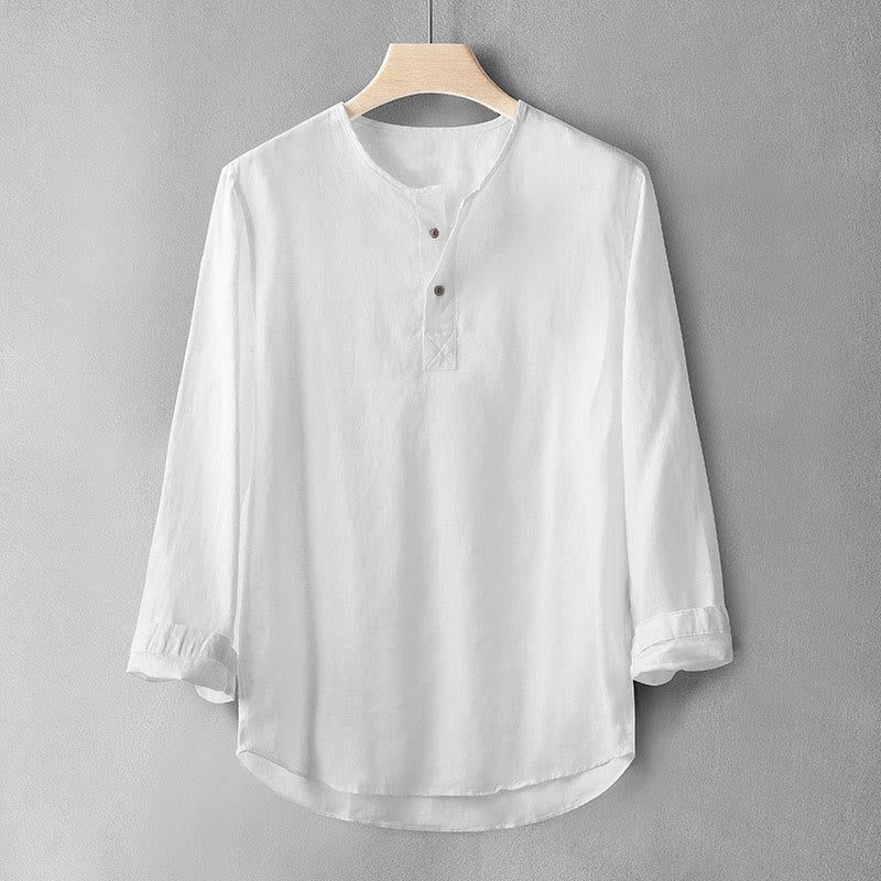 Chemise boutonnée à manches longues de couleur unie Buddha Stones en lin pour hommes - Blanc - US/UK/AU42，EU52 (3XL) - image 1