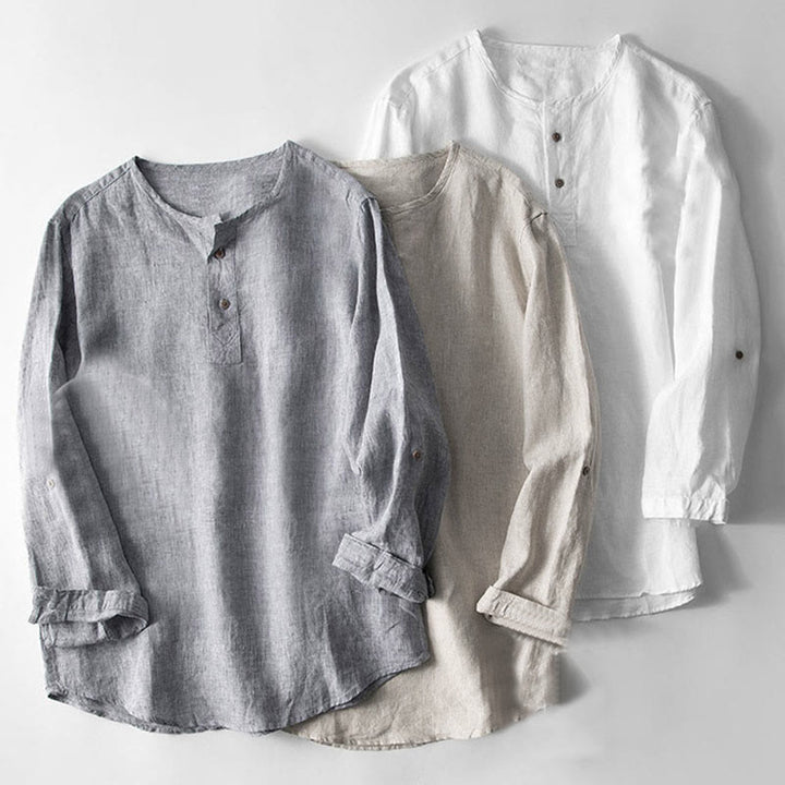 Chemise boutonnée à manches longues de couleur unie Buddha Stones en lin pour hommes - image 3