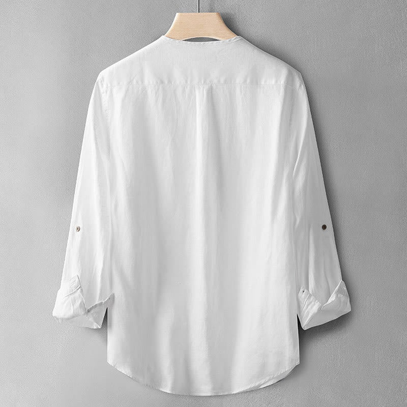 Chemise boutonnée à manches longues de couleur unie Buddha Stones en lin pour hommes - image 12