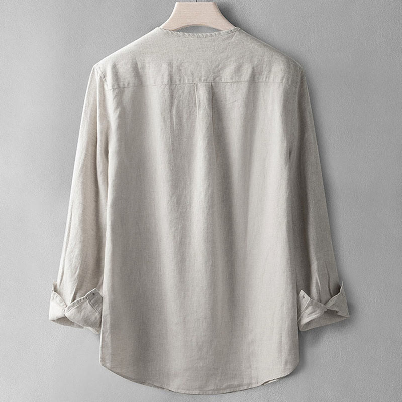 Chemise boutonnée à manches longues de couleur unie Buddha Stones en lin pour hommes - image 11