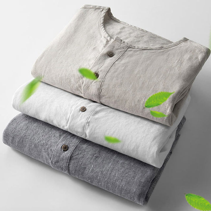 Chemise boutonnée à manches longues de couleur unie Buddha Stones en lin pour hommes - image 4