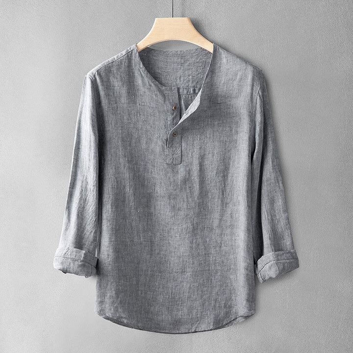 Chemise boutonnée à manches longues de couleur unie Buddha Stones en lin pour hommes - Gris foncé - US/UK/AU42，EU52 (3XL) - image 2