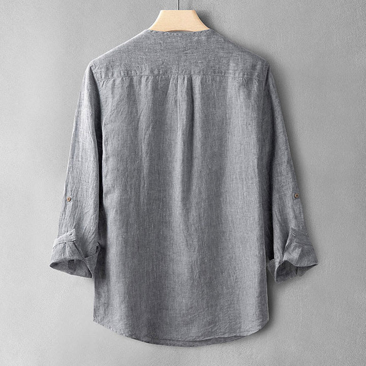 Chemise boutonnée à manches longues de couleur unie Buddha Stones en lin pour hommes - image 13