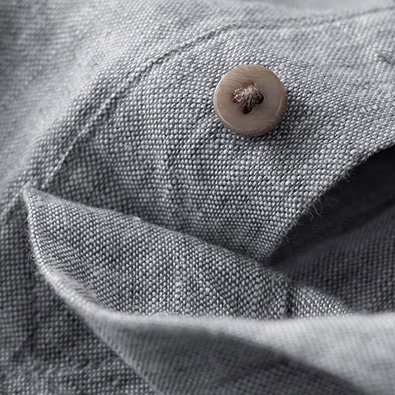 Chemise boutonnée à manches longues de couleur unie Buddha Stones en lin pour hommes - image 7