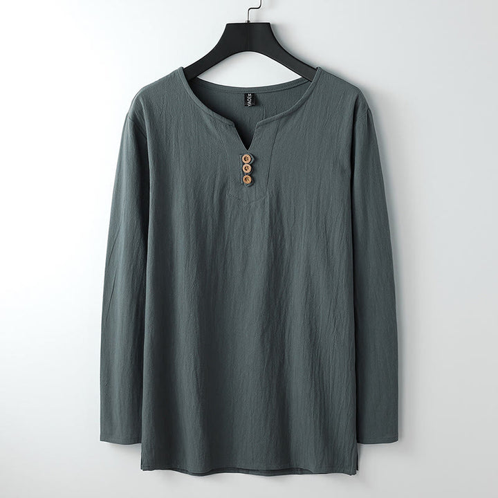 Chemise boutonnée à manches longues en coton et lin pour homme, couleur unie , Buddha Stones