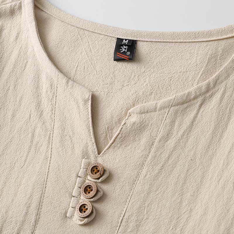 Chemise boutonnée à manches longues en coton et lin pour homme, couleur unie , Buddha Stones