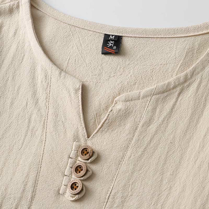 Chemise boutonnée à manches longues en coton et lin pour homme, couleur unie , Buddha Stones