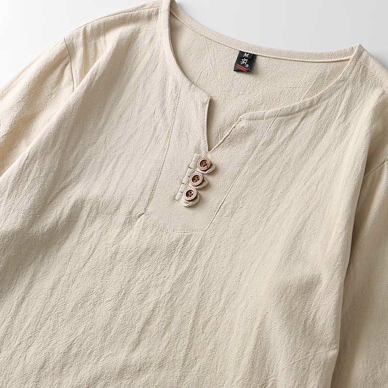 Chemise boutonnée à manches longues en coton et lin pour homme, couleur unie , Buddha Stones