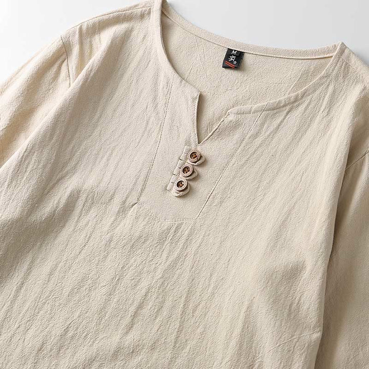 Chemise boutonnée à manches longues en coton et lin pour homme, couleur unie , Buddha Stones