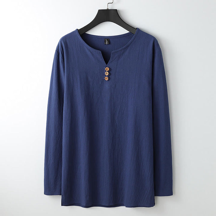 Chemise boutonnée à manches longues en coton et lin pour homme, couleur unie , Buddha Stones