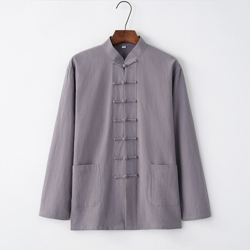 Chemise à manches longues à boutons de grenouille Buddha Stones Tang en coton pour hommes - Gris ardoise clair - US/UK/AU44，EU54 (4XL) - image 0