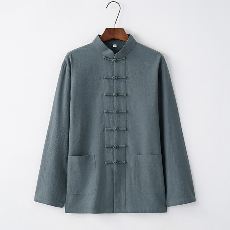 Chemise à manches longues à boutons de grenouille Buddha Stones Tang en coton pour hommes - Bleu acier clair - US/UK/AU44，EU54 (4XL) - image 3