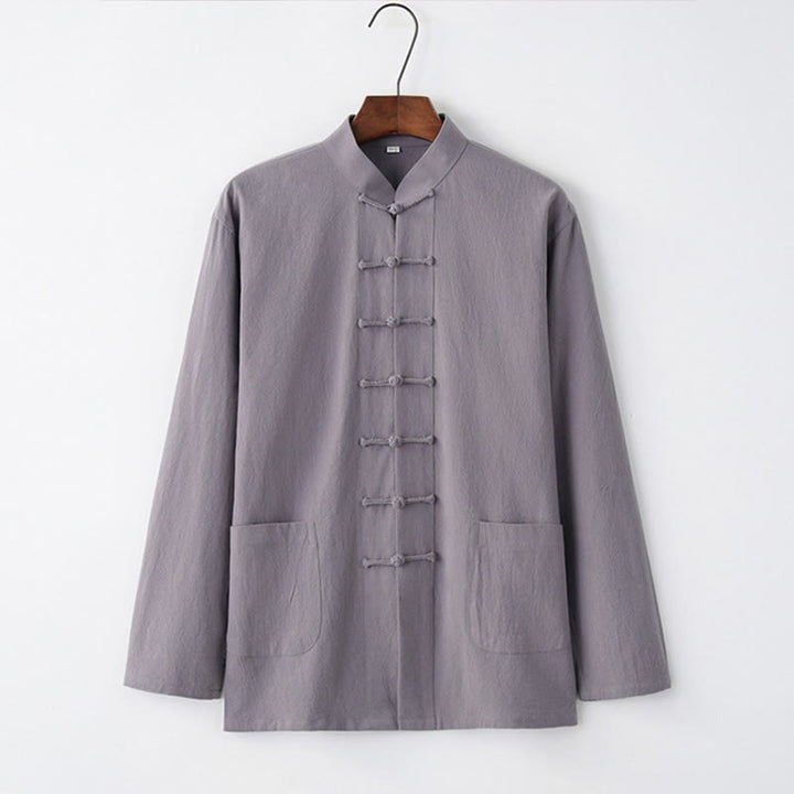 Chemise à manches longues à boutons de grenouille Buddha Stones Tang en coton pour hommes
