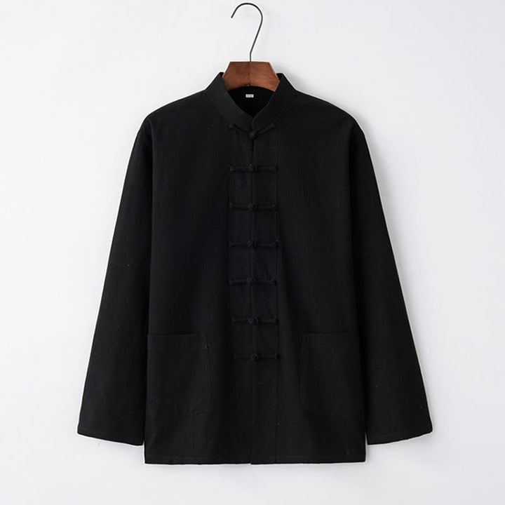 Chemise à manches longues à boutons de grenouille Buddha Stones Tang en coton pour hommes