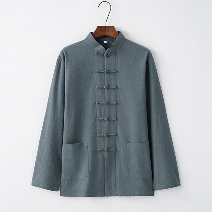 Chemise à manches longues à boutons de grenouille Buddha Stones Tang en coton pour hommes