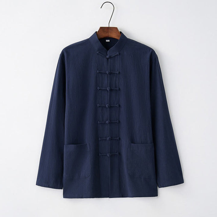 Chemise à manches longues à boutons de grenouille Buddha Stones Tang en coton pour hommes
