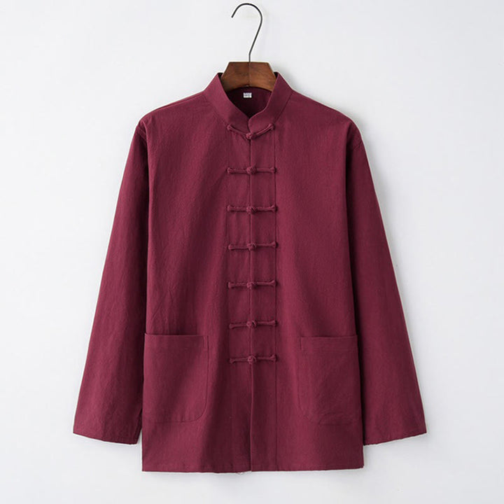 Chemise à manches longues à boutons de grenouille Buddha Stones Tang en coton pour hommes