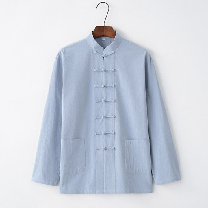 Chemise à manches longues à boutons de grenouille Buddha Stones Tang en coton pour hommes