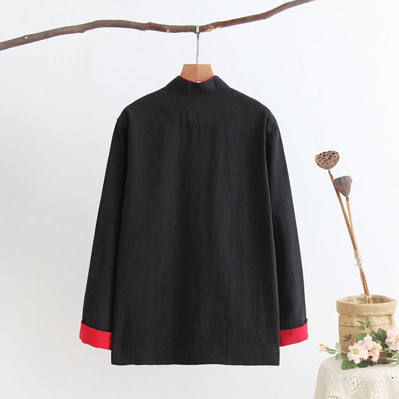Chemise à manches longues à boutons de grenouille Buddha Stones Tang en coton et lin pour hommes
