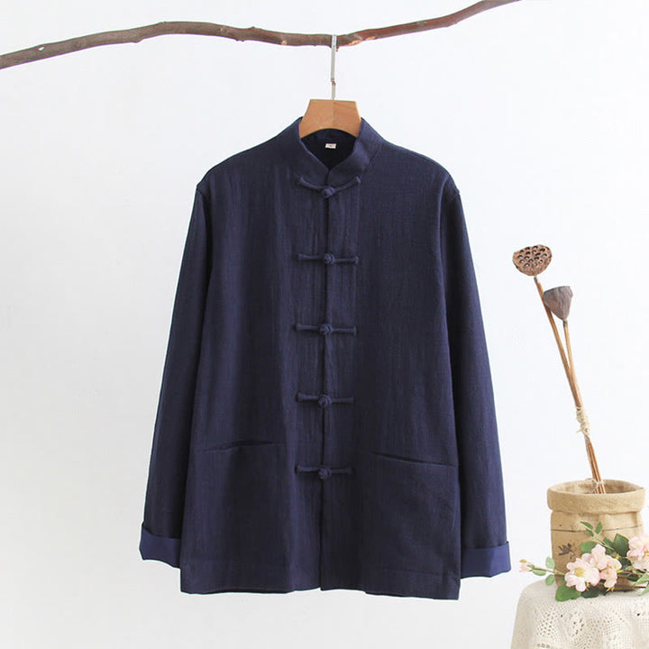 Chemise à manches longues à boutons de grenouille Buddha Stones Tang en coton et lin pour hommes