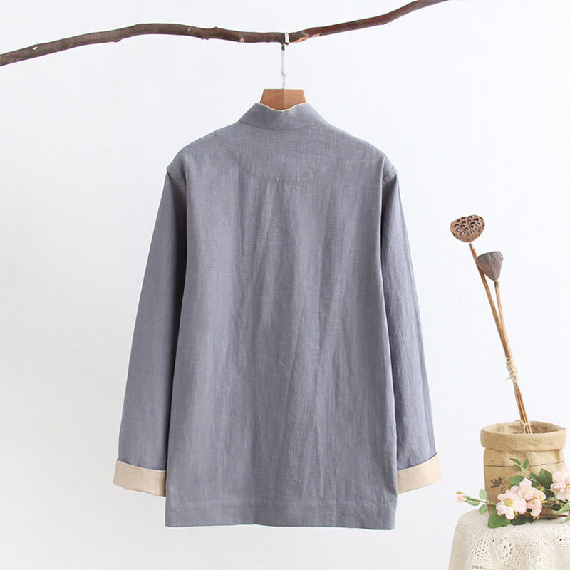 Chemise à manches longues à boutons de grenouille Buddha Stones Tang en coton et lin pour hommes