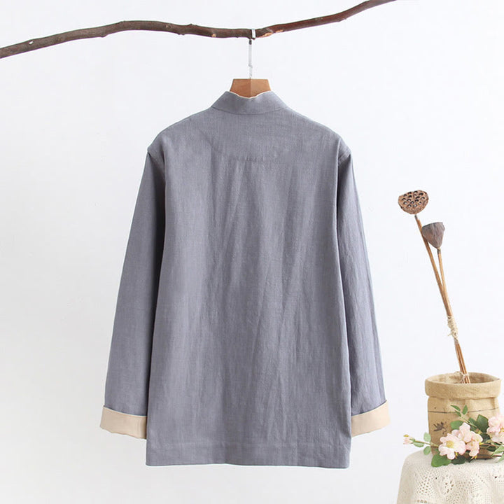 Chemise à manches longues à boutons de grenouille Buddha Stones Tang en coton et lin pour hommes