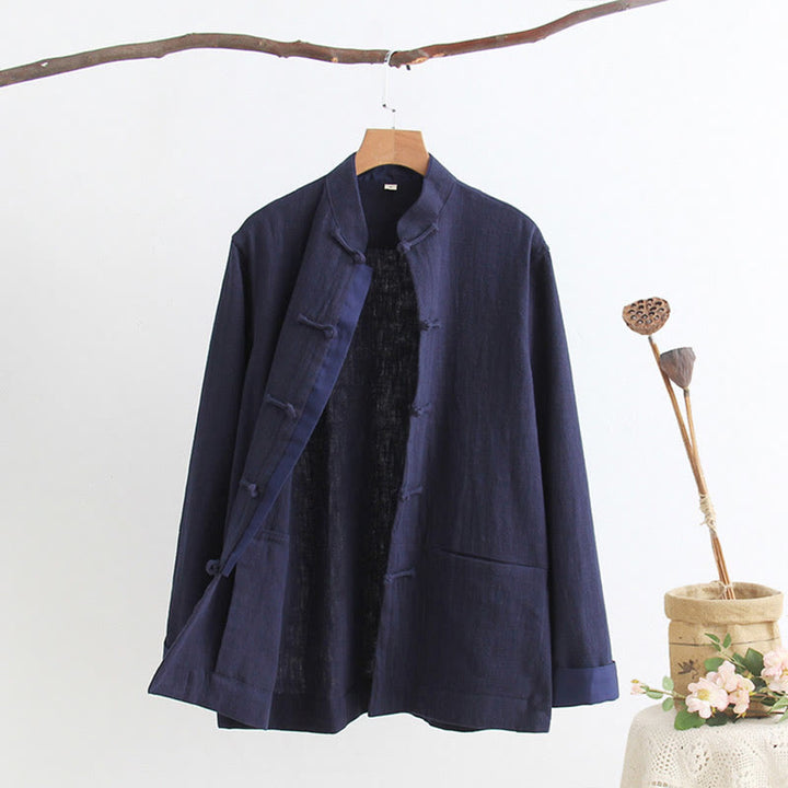 Chemise à manches longues à boutons de grenouille Buddha Stones Tang en coton et lin pour hommes
