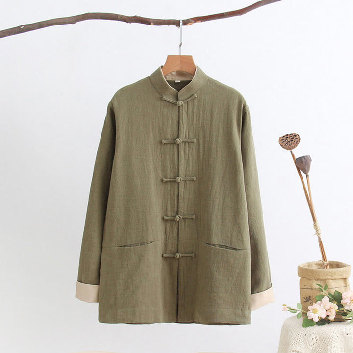Chemise à manches longues à boutons de grenouille Buddha Stones Tang en coton et lin pour hommes