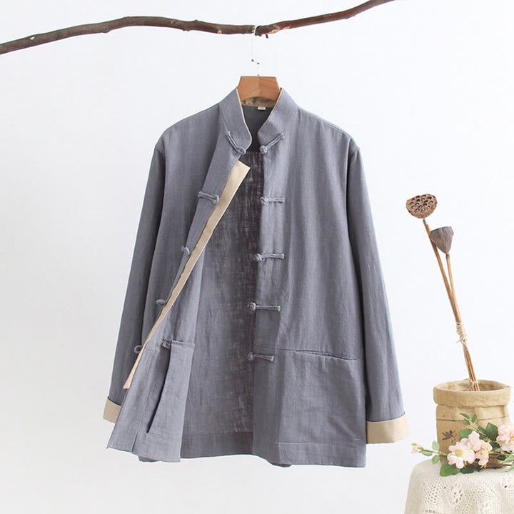 Chemise à manches longues à boutons de grenouille Buddha Stones Tang en coton et lin pour hommes