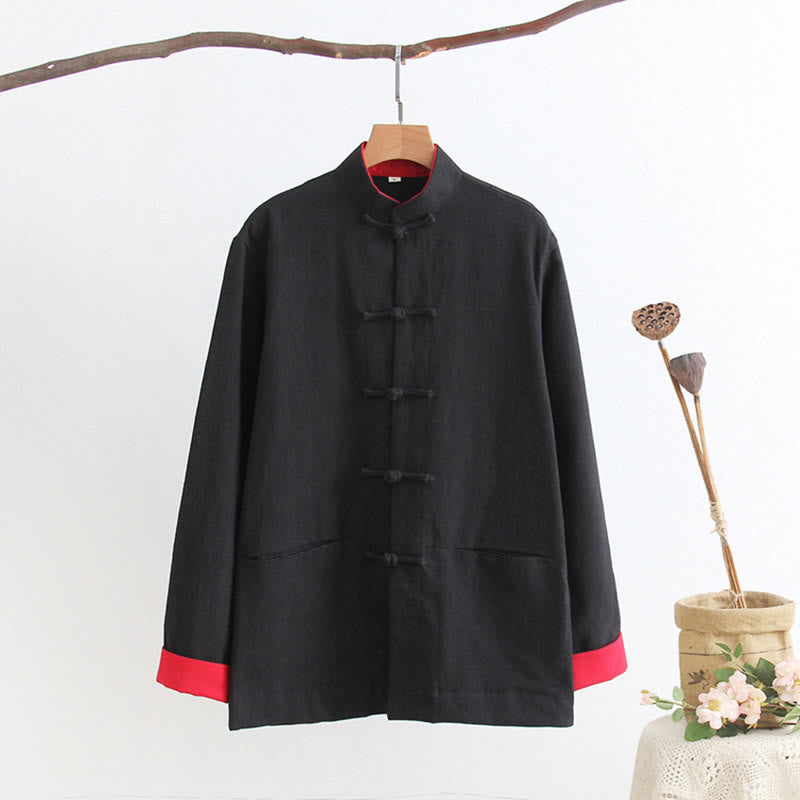Chemise à manches longues à boutons de grenouille Buddha Stones Tang en coton et lin pour hommes