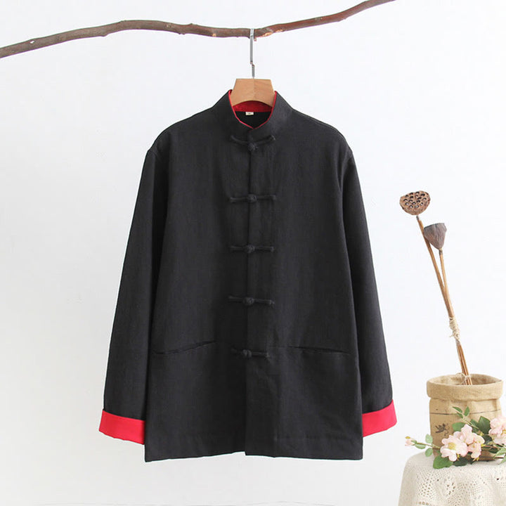 Chemise à manches longues à boutons de grenouille Buddha Stones Tang en coton et lin pour hommes