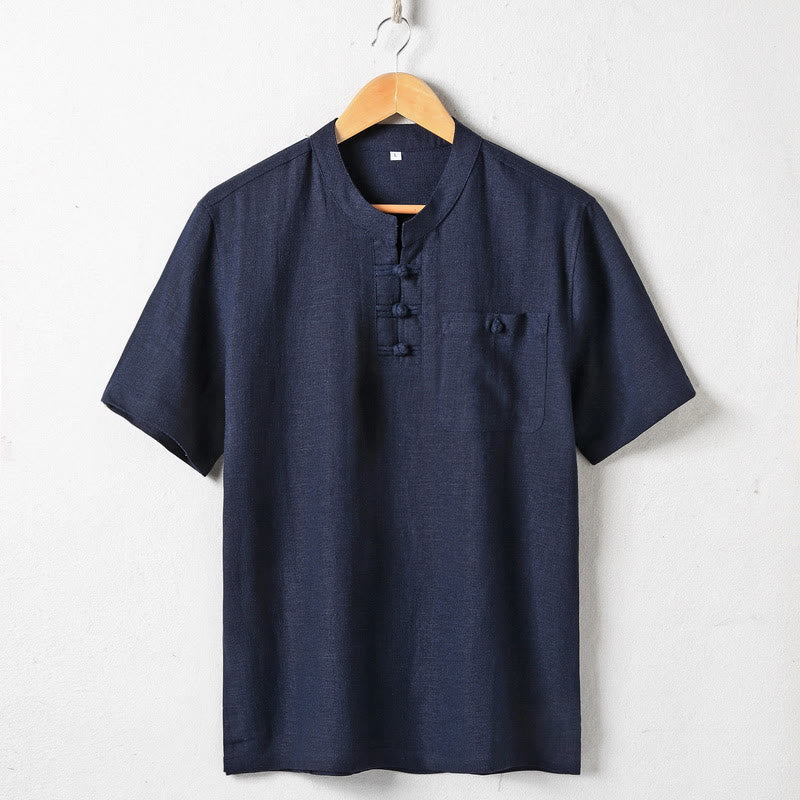 Chemise ample pour homme Buddha Stones, couleur unie, col cranté, manches courtes, confortable, bouton, chemise en coton et lin respirant - Bleu nuit - US/UK/AU46，EU56 (5XL)  - image 3