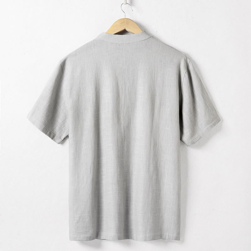 Chemise ample pour homme Buddha Stones, couleur unie, col cranté, manches courtes, confortable, bouton, chemise en coton et lin respirant - image 5