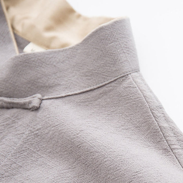 Chemise à manches longues à boutons de grenouille Buddha Stones Tang en coton et lin pour hommes