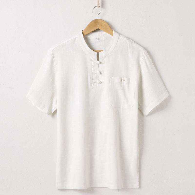 Chemise ample pour homme Buddha Stones, couleur unie, col cranté, manches courtes, confortable, bouton, chemise en coton et lin respirant - Beige - US/UK/AU46，EU56 (5XL)  - image 1