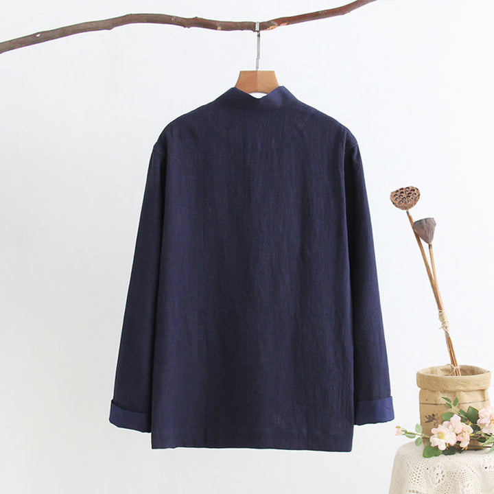 Chemise à manches longues à boutons de grenouille Buddha Stones Tang en coton et lin pour hommes