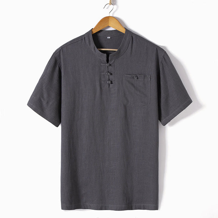 Chemise ample pour homme Buddha Stones, couleur unie, col cranté, manches courtes, confortable, bouton, chemise en coton et lin respirant - Gris foncé - US/UK/AU46，EU56 (5XL)  - image 3