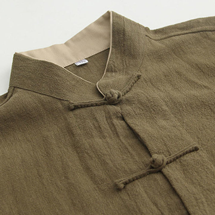 Chemise à manches longues à boutons de grenouille Buddha Stones Tang en coton et lin pour hommes