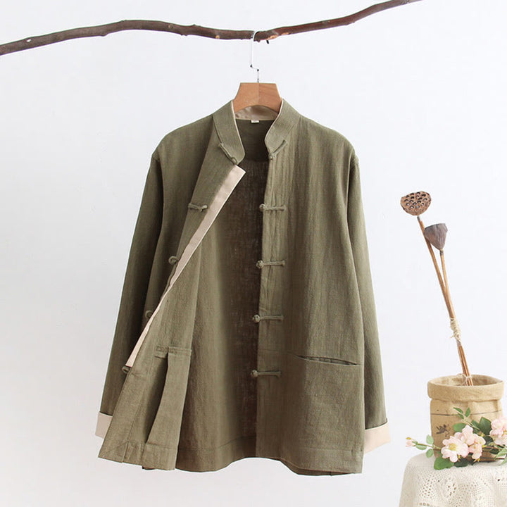 Chemise à manches longues à boutons de grenouille Buddha Stones Tang en coton et lin pour hommes