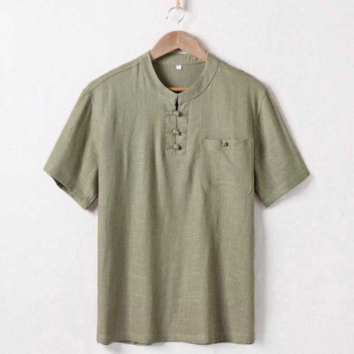 Chemise ample pour homme Buddha Stones, couleur unie, col cranté, manches courtes, confortable, bouton, chemise en coton et lin respirant - Olive - US/UK/AU46，EU56 (5XL)  - image 0