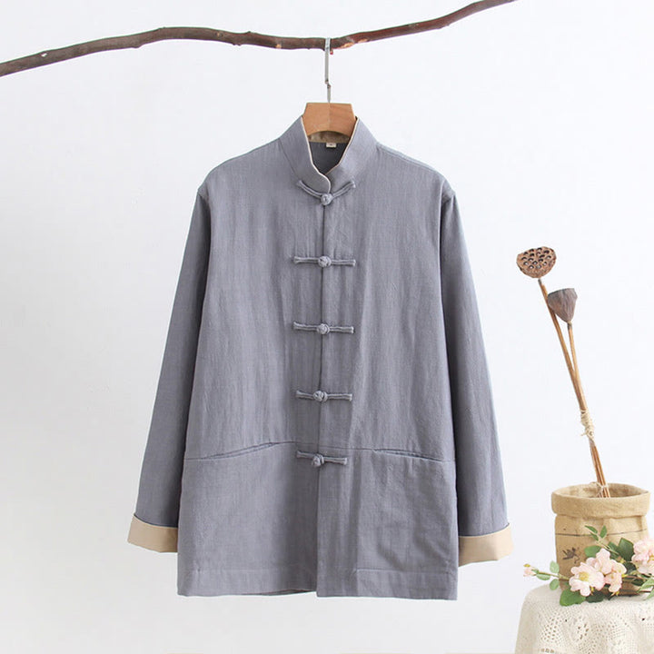Chemise à manches longues à boutons de grenouille Buddha Stones Tang en coton et lin pour hommes