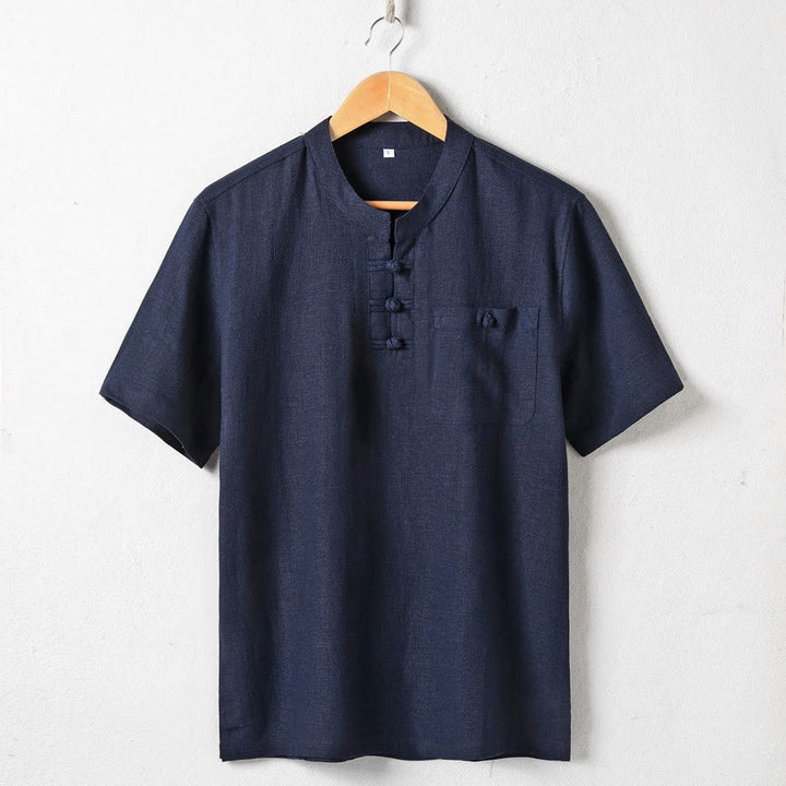 Chemise ample pour homme Buddha Stones, couleur unie, col cranté, manches courtes, confortable, bouton, chemise en coton et lin respirant - Bleu nuit - US/UK/AU46，EU56 (5XL)  - image 2