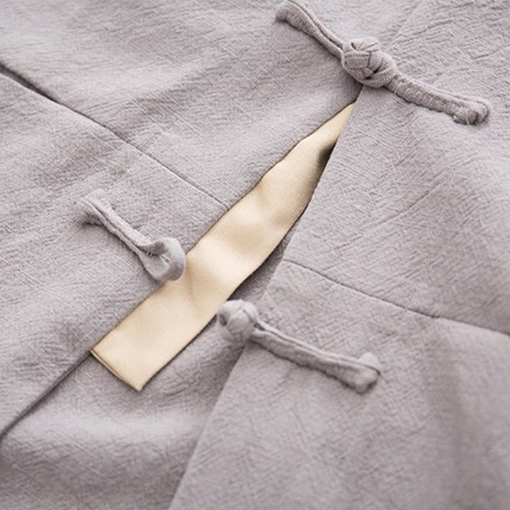 Chemise à manches longues à boutons de grenouille Buddha Stones Tang en coton et lin pour hommes