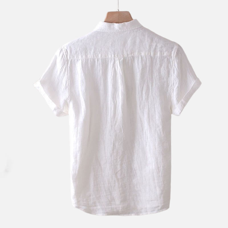 Chemise homme Buddha Stones couleur unie revers haut manches courtes confortable bouton pli chemise en coton et lin - image 8