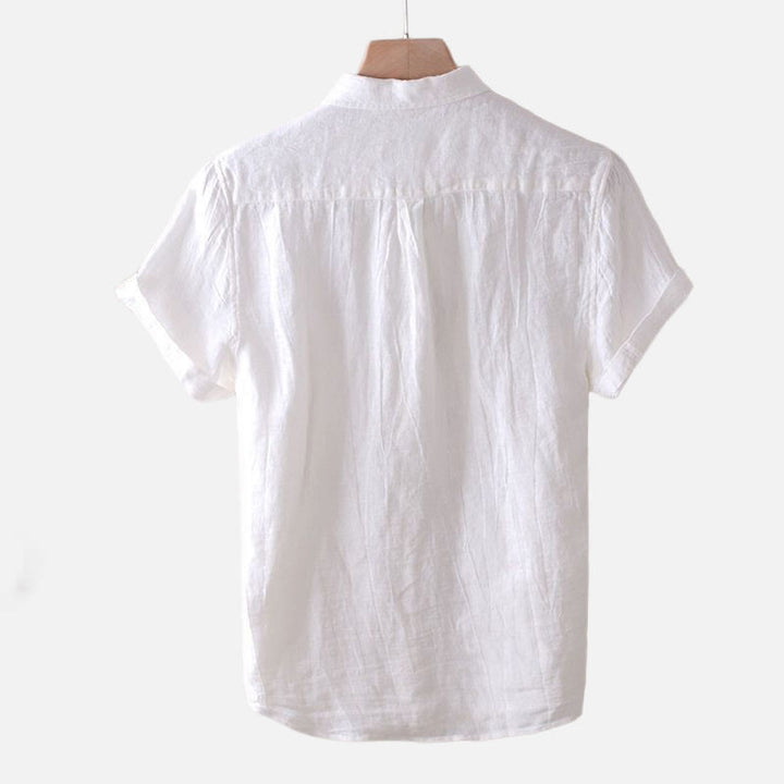 Chemise homme Buddha Stones couleur unie revers haut manches courtes confortable bouton pli chemise en coton et lin - image 8
