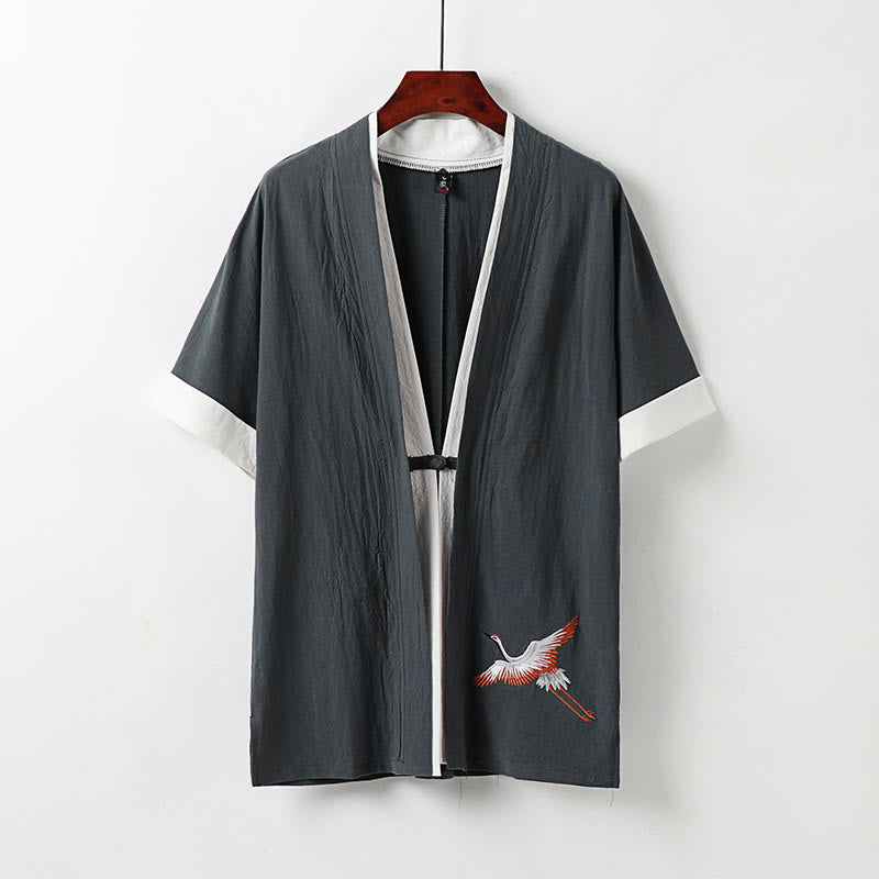 Kimono Hanfu deux pièces pour homme, manches courtes, broderie, en coton confortable, avec Buddha Stones - Gris - US/UK/AU54，EU64 (9XL) - image 11