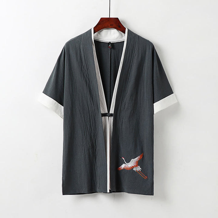 Kimono Hanfu deux pièces pour homme, manches courtes, broderie, en coton confortable, avec Buddha Stones - Gris - US/UK/AU54，EU64 (9XL) - image 11